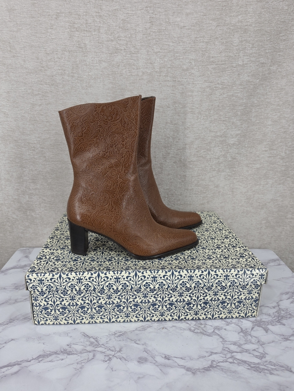 A. Marinelli Brown Archer Floral Tooled Leather Heeled Boots Mid-Calf NEW